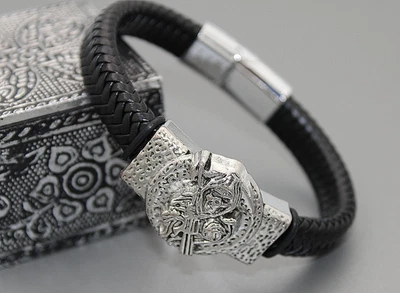 🖤 Bracelet homme tête de mort et aigle couleur argent homme aspect cuir idée... - Photo 1/4