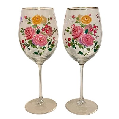 Set Of 2 Hand Painted Wine Glasses Goblets Floral Roses Garden