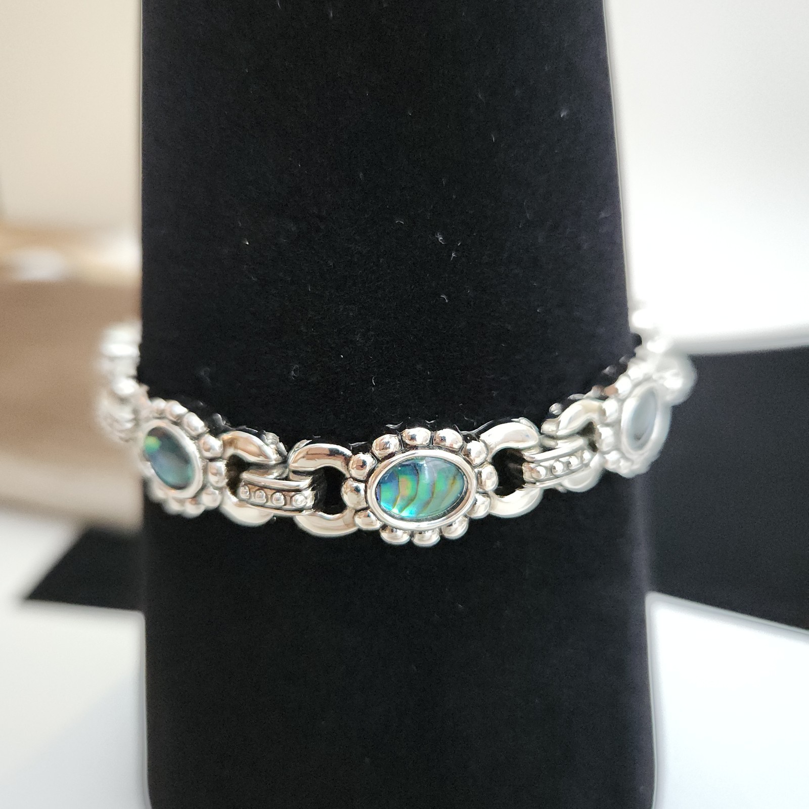 Abalone Shell Oval Link Bracelet Silver Tone 7” D… - image 4