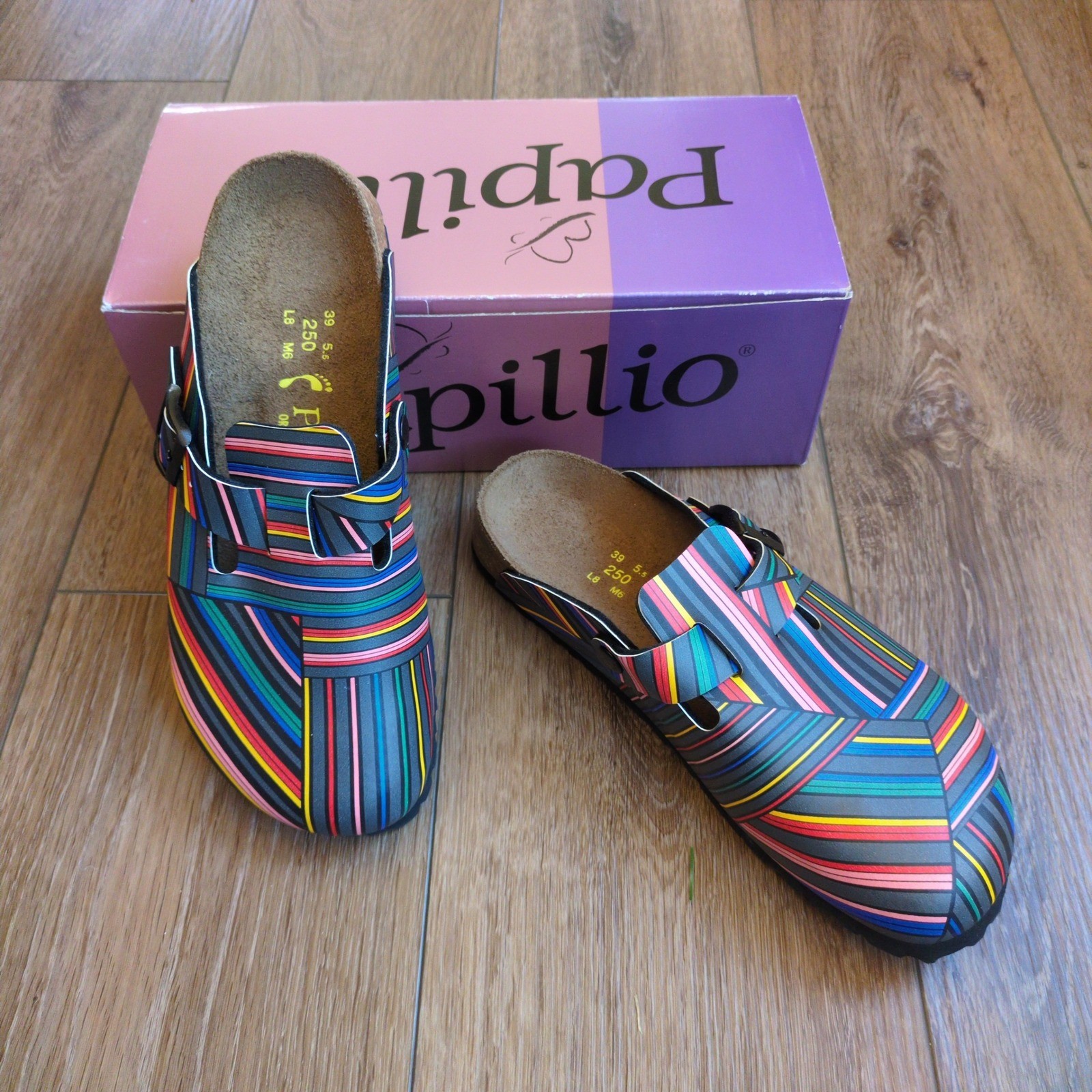 NIB Papillo Birkenstock Boston Slip-on Clog Shoes - Stripe Rainbow Artsy Boho 39