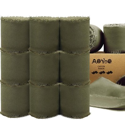 9 Rolls Olive Green Chiffon Ribbon, 1.5'' X 63Yd Frayed Fringe Silk Ribbons for