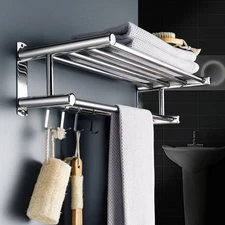 Wall Mounted Stainless Steel Towel Rack with Hooks Bathroom Storage Shelf Multi