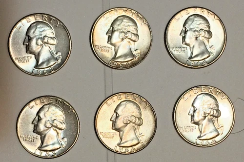 Beautiful set of 6 Uncirculated Washington Quarters,mix of 4-1964-P, 2-1963-P