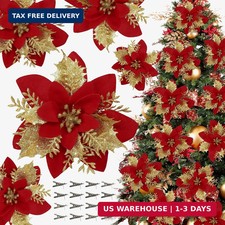 16 PCS Poinsettia Flower Artificial Poinsettia Christmas Decorations Glitter Poi