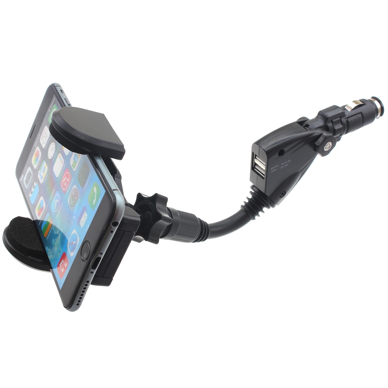 Car Mount Charger Holder DC Socket USB Port Cradle Swivel for Smart Phones