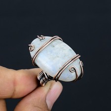 Rainbow Moonstone Gemstone Copper Wire Wrap Jewelry Ring Size 6 X-Mas Gift w772