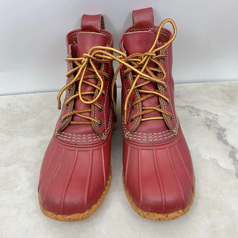 LL Bean Duck Botas Mujer Talla 7 Zapatos Cuero Rojo Goma 6" Sin Forro Con Cordones Foto 2 de 4