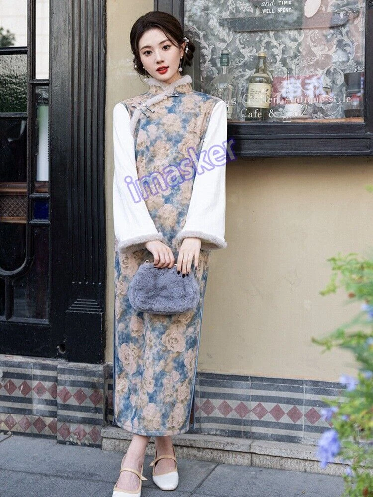 OFF WHITE Abito donna invernale stile cinese Qipao stand colletto medio lungo spacco laterale Cheongsam