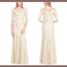 NWT 548 Tadashi Shoji  8  Tatiana Sequin Lace Gown in Beige/Champagne F419