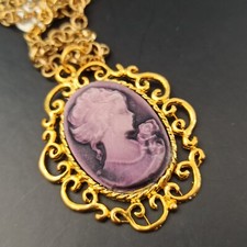Cameo Purple Necklace Victorian Revival Gold Tone Romantic Lady Vintage Large