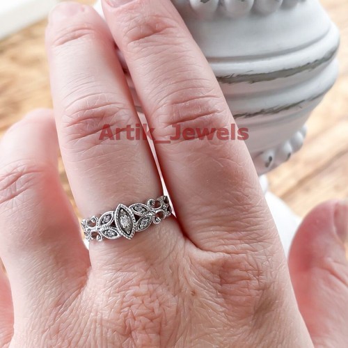 Round Moissanite with 14K White Gold Plated Silver Art Deco Ring for Women's #05 - Picture 11 of 13