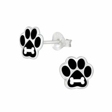 925 Sterling Silver Paw Print Bone Animal Black Kids Girl Women Stud Earrings