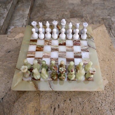 Handcrafted Green Onyx and White Marble Chessboard Set Game 15