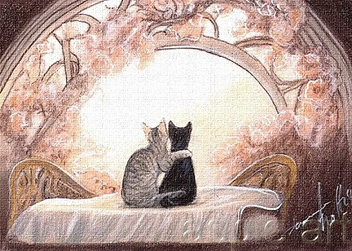 ACEO print limited edition black cat, tabby cat, love, roses by Anna Hoff