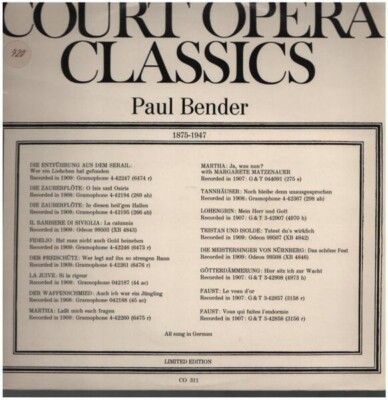 Paul Bender Court Opera Classics NEAR MINT Court Opera Classics Vinyl LP