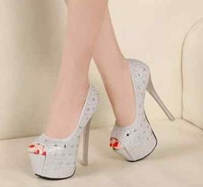 Decolte scarpe donna spuntate silver strass tacco alto 14 cm pelle sintetica