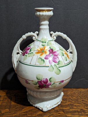 Antique Victorian Style Vase Porcelain Hand Painted Flowers Floral Twin Handles 