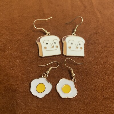 Kitsch Morning Breakfast Fried Egg Toast Bread Happy Novelty Cute  Earrings Y2K