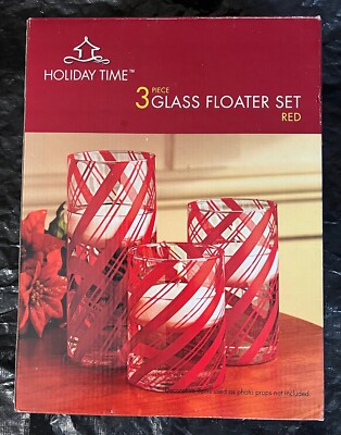 HOLIDAY TIME 3 PIECE FLOATER CANDLE SET RED STRIPES ON CLEAR GLASS CHRISTMAS
