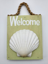 Wood Seashell Welcome Sign Deck Patio Pool Wall Door Plaque Beach Vibes-New