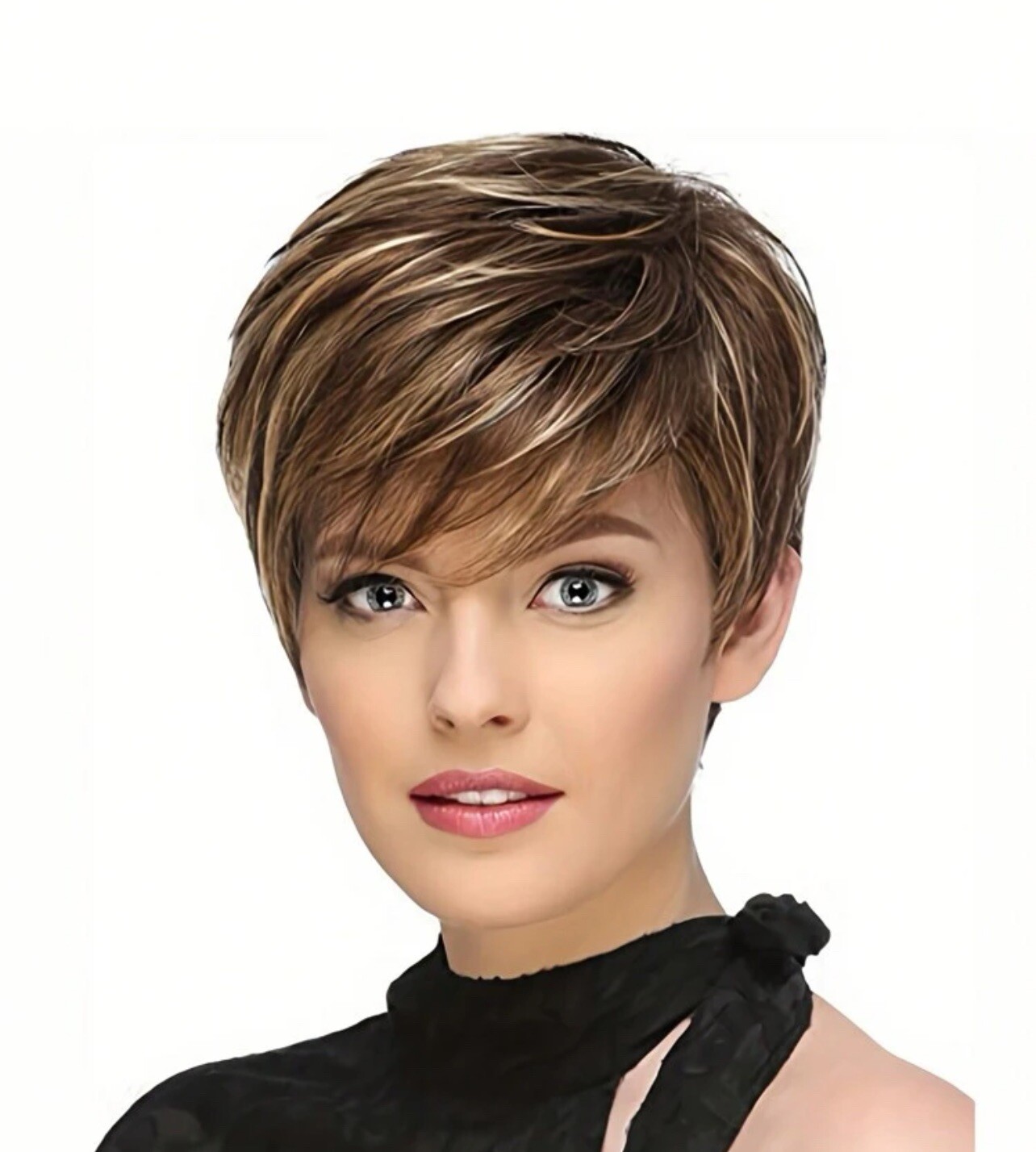 Perruque pixie brune courte et lisse pour femme avec frange et 4 bonnets