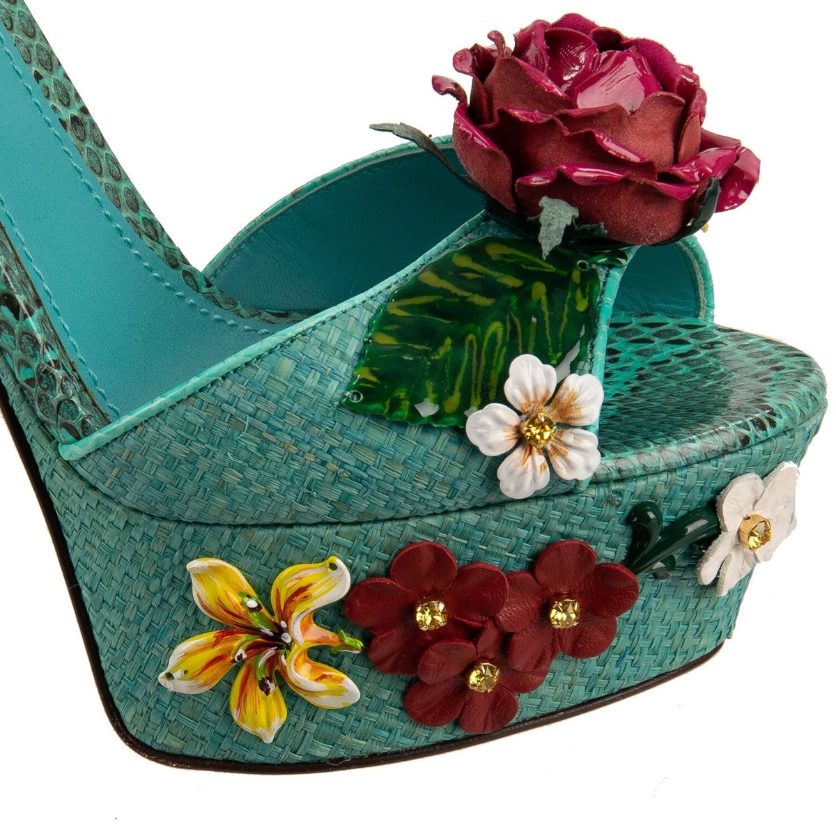 DOLCE & GABBANA Rose Crystal Raffia Platform Sandals Pumps