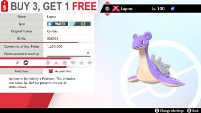  Shiny Lapras Pokemon Sword and Shield Gmax Modest 6IV w/ Assault Vest