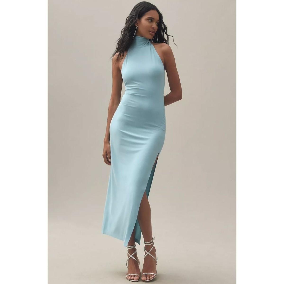 norma kamali halter turtleneck side slit stretch jersey midi dress Anthropologie Norma Kamali Halter Turtleneck Side-Slit Midi Dress Blue Sz Small