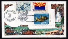 USA, SCOTT # AZ5, HANDPAINTED MILFORD FDC COVER 1991 ARIZONA DUCK WATERFOWL