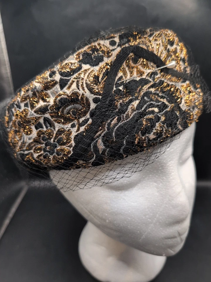 Vintage Royce Exclusive Ladies Pillbox Gold & Black Brocade Hat W/ Netting - Image 2 of 4