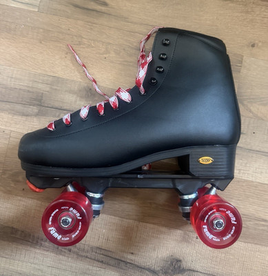 Sure-Grip Fame Black Indoor Quad Roller Skates w/ Red Wheels, Red/White Laces