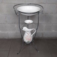 Set Toilette Da Pavimento In Metallo E Ceramica A Fiori Brocca Catino Vintage