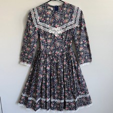 Vintage Jessica McClintock Gunne Sax Lace Trim Collared Dress Blue Floral 12