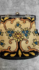 Vtg Micro Tapestry Petit Point Floral Evening Bag Purse Black Suede Back AS IS