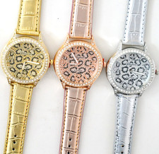 GENEVA METALLIC CROC LEATHER,CHEETAH DIAL,SILVER,ROSE,GOLD CRYSTALS WATCH