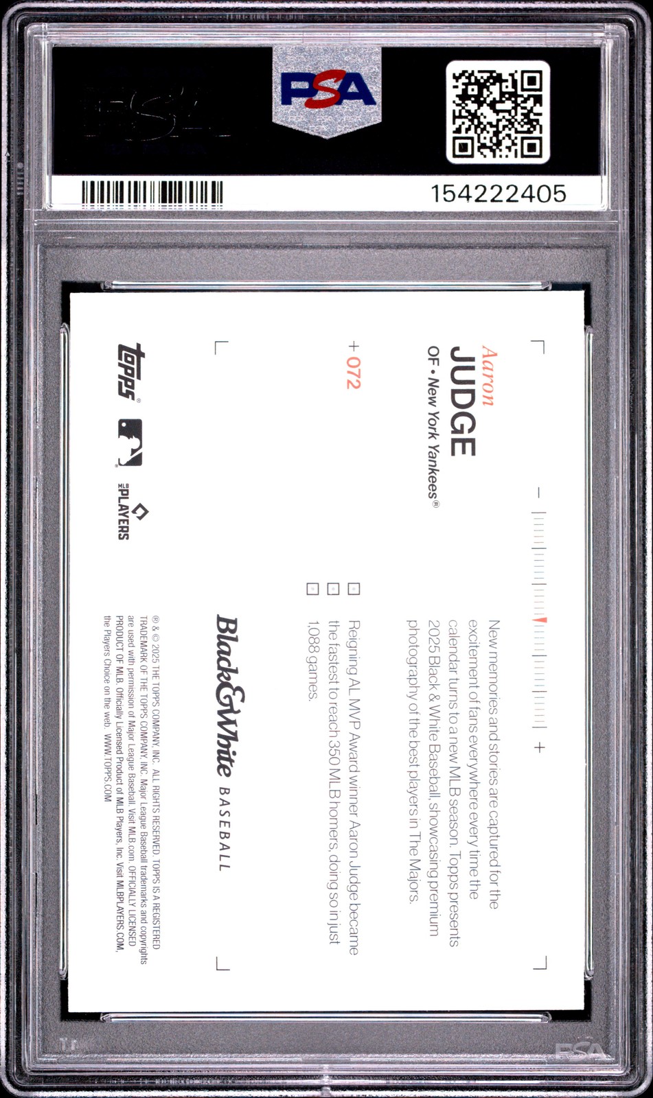 2025 TOPPS BLACK & WHITE #72 AARON JUDGE PSA 9 view 2