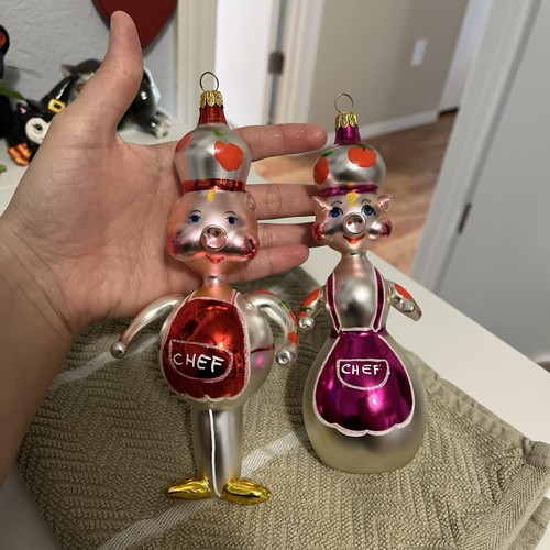 Radko Pork Recipes Italian Glass Pig Chef Couple Set Of 2 Ornaments