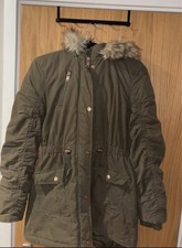 m&s originals girls khaki puffer coat with faux fur removable trim