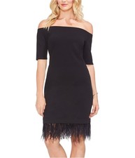 Vince Camuto Womens Feather Hem Off-Shoulder Dress, Black, XX-Small