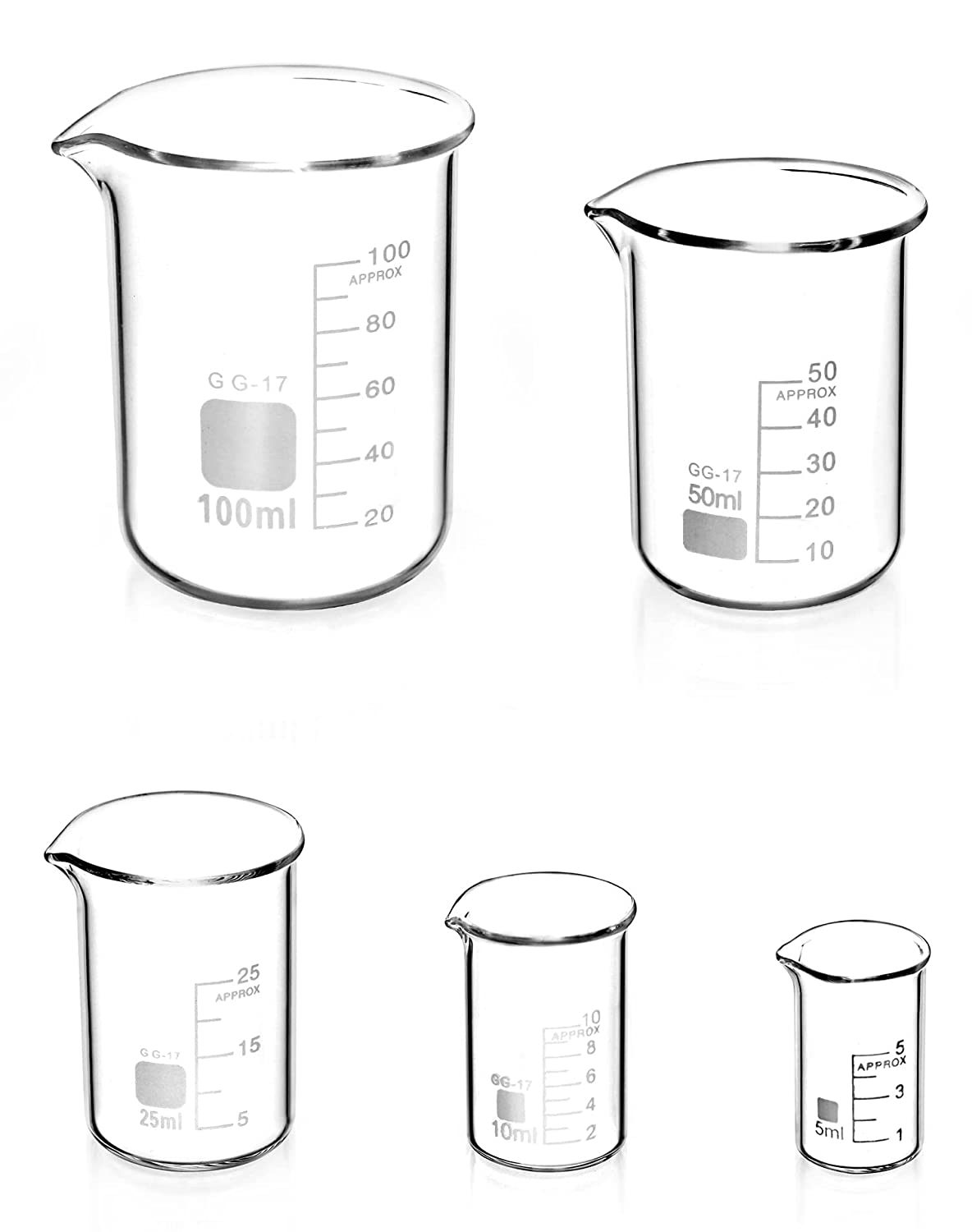 ® 5 Pcs Graduated Borosilicate Glass Beaker 5Ml 10Ml 25Ml 50Ml 100Ml Set for Sci
