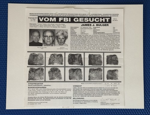 Original FBI Wanted Poster James Whitey Bulger Boston Mob Boss RARE German