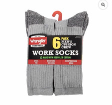 Wrangler Mens Cushion Crew Size 6-12 Gray Work Sock 6 Pair Steel Toe