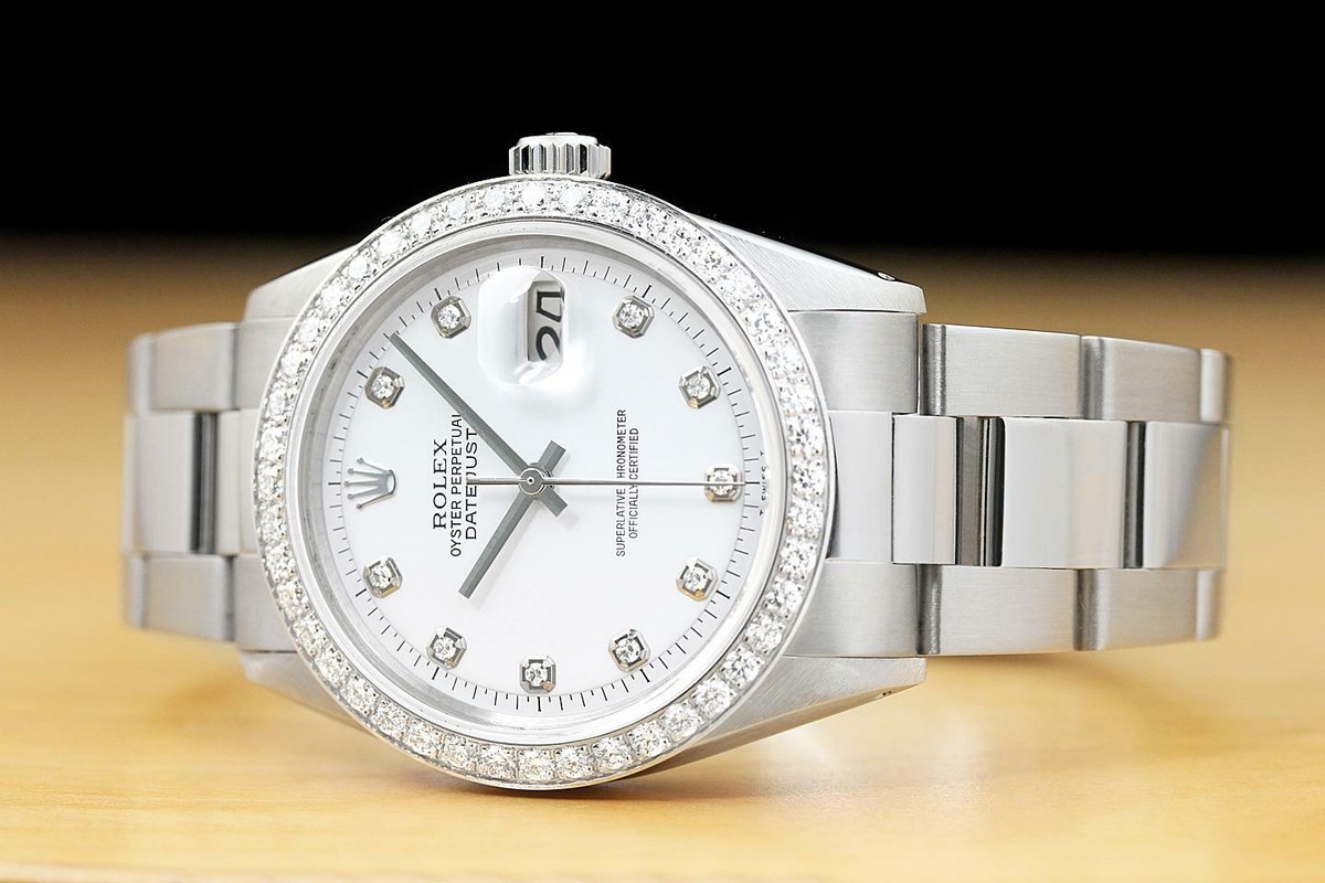 MENS ROLEX DATEJUST WHITE DIAL 18K WHITE GOLD CT DIAMOND