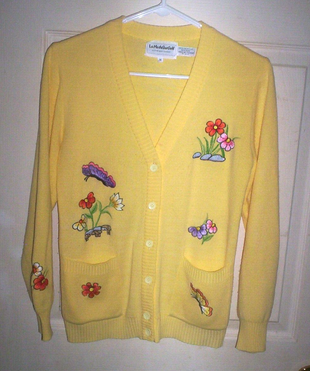 Vintage Women's S La Mode Du Golf Bright Yellow Embroidered Cardigan Sweater