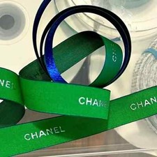 Authentic CHANEL GREEN Iridescent Ribbon, SILVER Logo, Sold By the Yard 