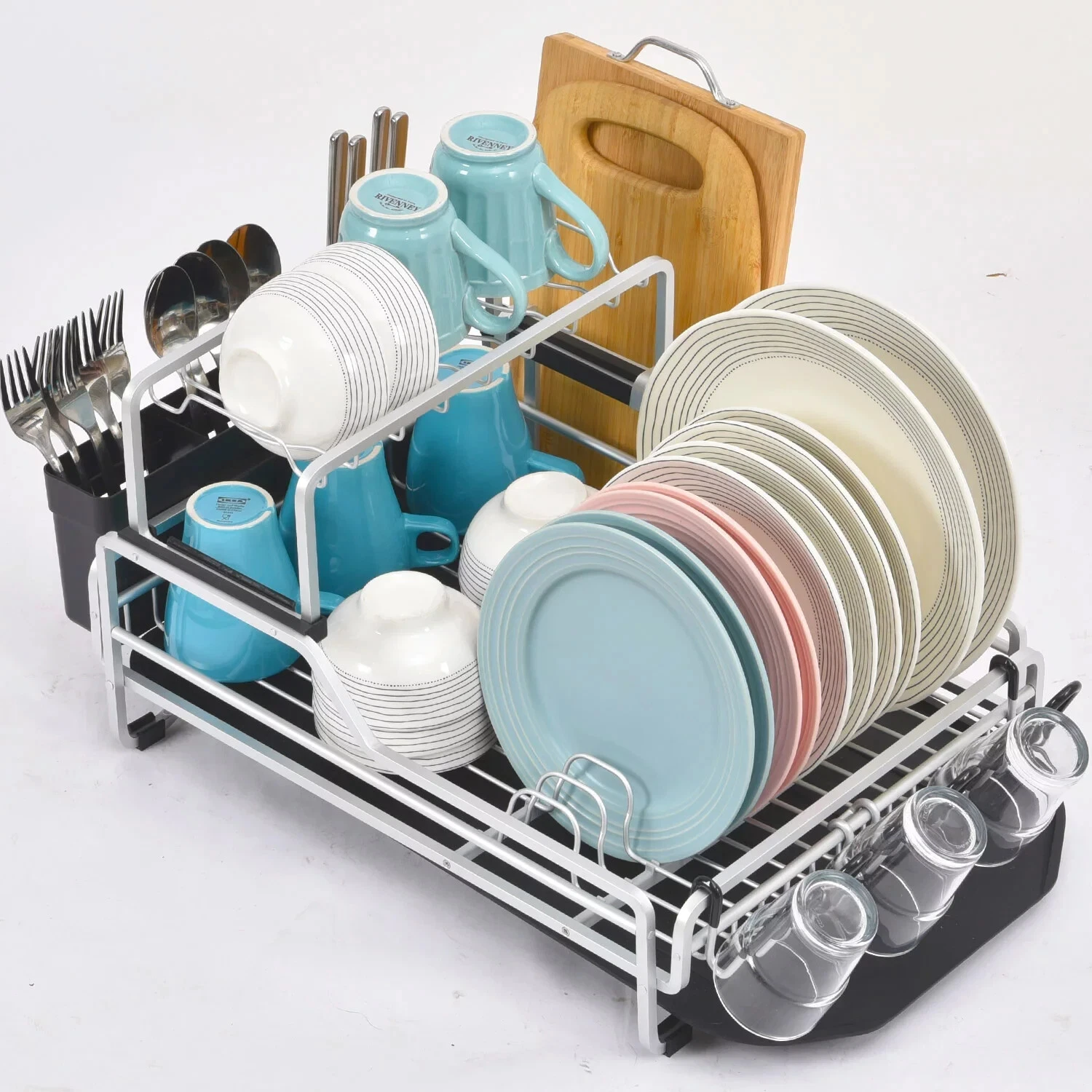 Kingrack Dish Rack 2 Tier Aluminum w/ Utensil Holder Dash Drainer Kitchen