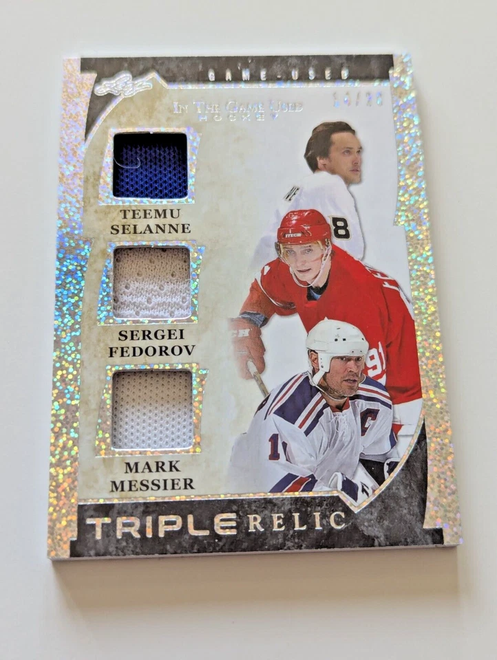 🔥#/20 SELANNE FEDOROV MESSIER 3 TRIPLE RELIC 2022-23 Leaf In the Game Used 🔥 - Image 2 of 4
