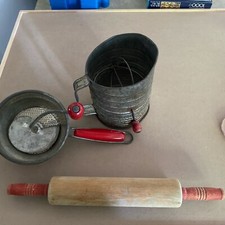 Vntg Wooden Red Handle Rolling Pin ,Sifter,Strainer Farmhouse Kitchen Utensils