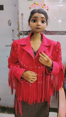 Women Hot Pink Suede Lamb Leather Fringe Breaded Jacket, Look Beautiful Jacket