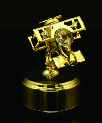 SWAROVSKI CRYSTAL STUDDED ROTATING BIPLANE MECHANICAL MUSIC BOX 24K GOLD PLATED